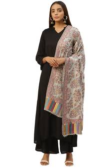 Anekaant White & Multi Woven Floral Pure Wool Shawl