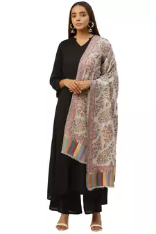 Anekaant White & Multi Woven Floral Pure Wool Shawl