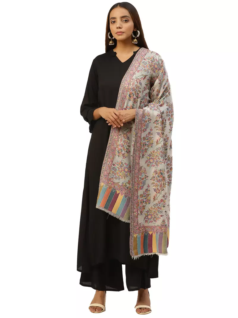 Anekaant White & Multi Woven Floral Pure Wool Shawl