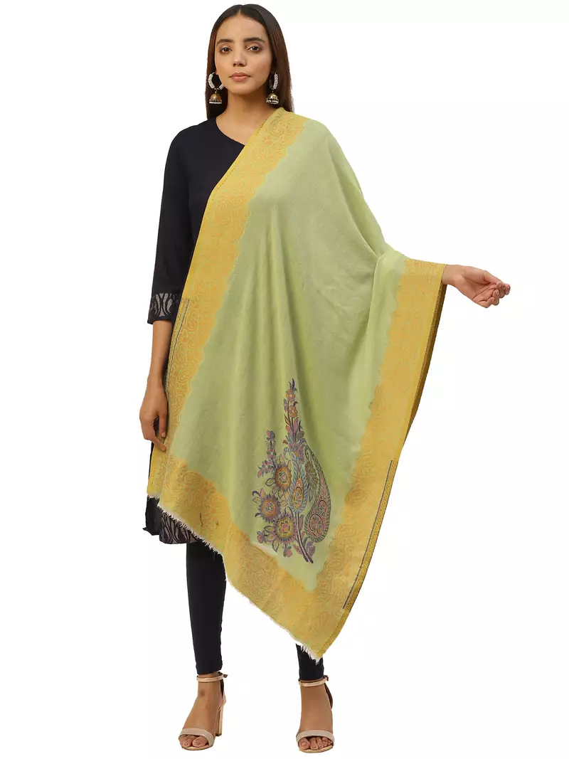Anekaant Pastel Green & Multi Woven Paisley Pure Wool Shawl