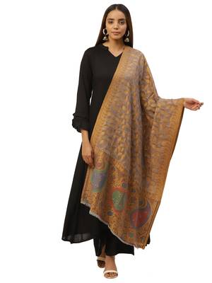 Brown & Multi Woven Paisley Pure Wool Shawl 1