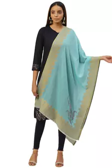 Anekaant Blue & Multi Woven Paisley Pure Wool Shawl