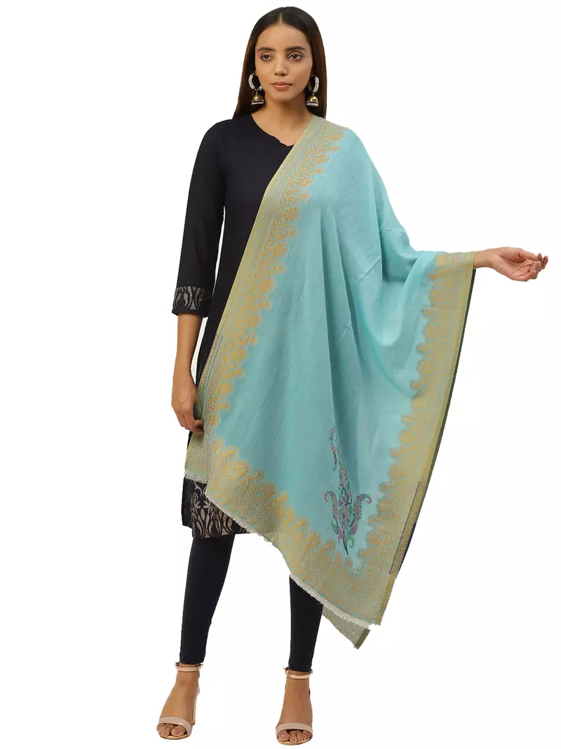 Anekaant Blue & Multi Woven Paisley Pure Wool Shawl