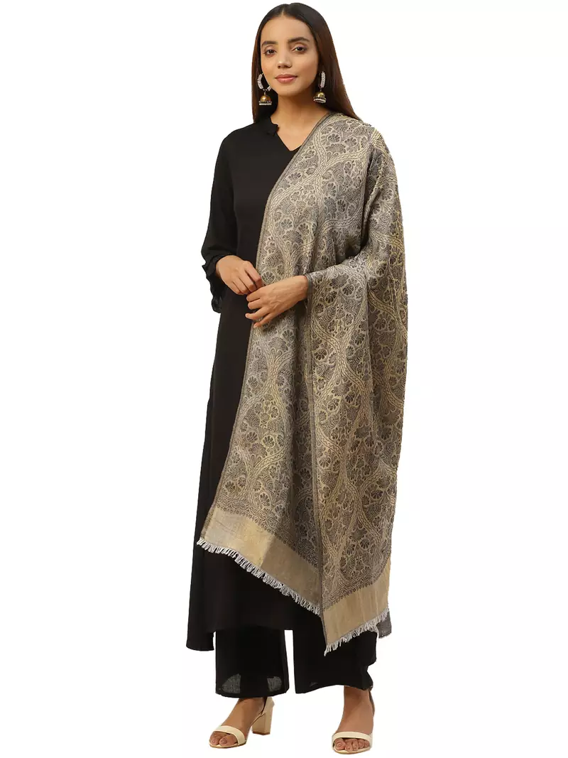 Anekaant Dark Grey & Gold Woven Paisley Pure Modal Shawl