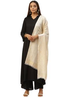 Anekaant Cream & White Woven Paisley Pure Modal Shawl