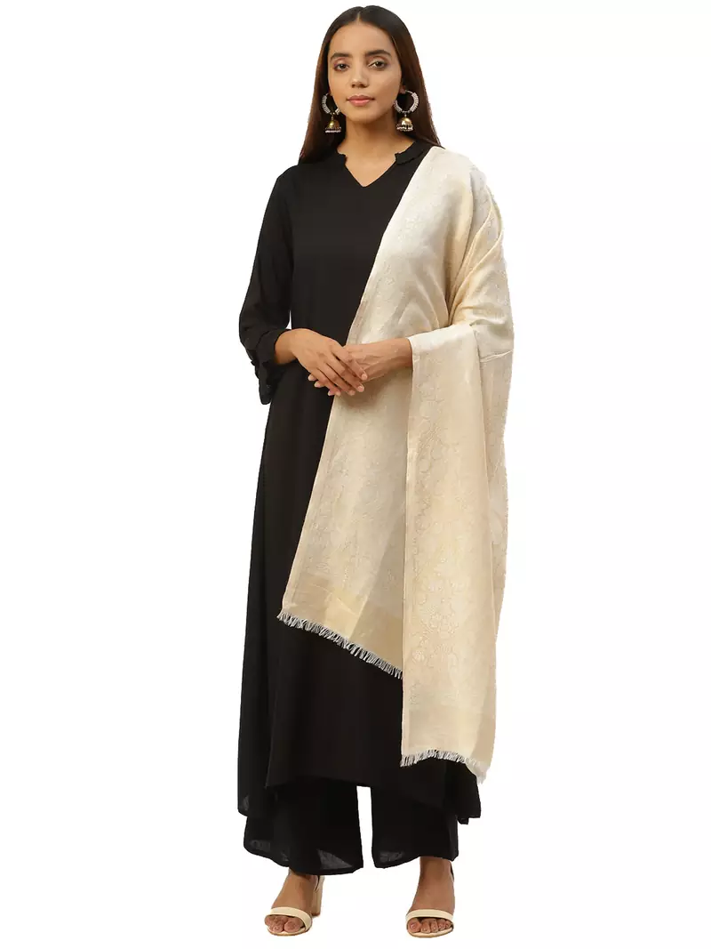 Anekaant Cream & White Woven Paisley Pure Modal Shawl