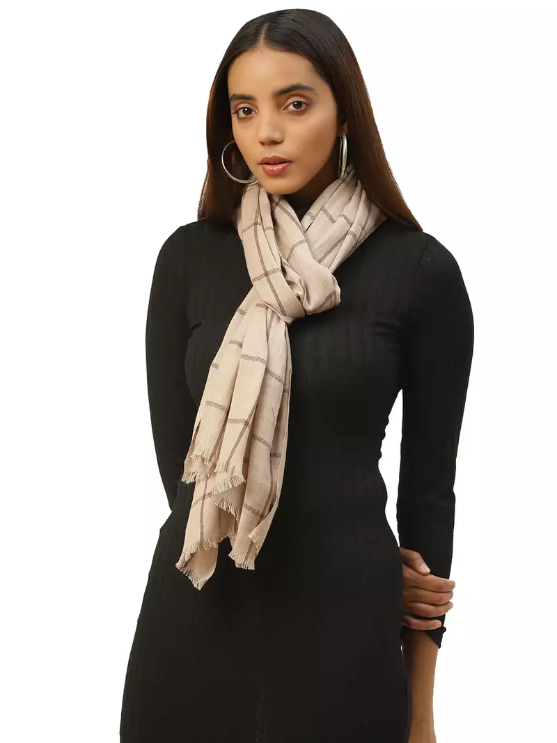 Anekaant Beige & Brown Woven Checkered Acrowool Stole