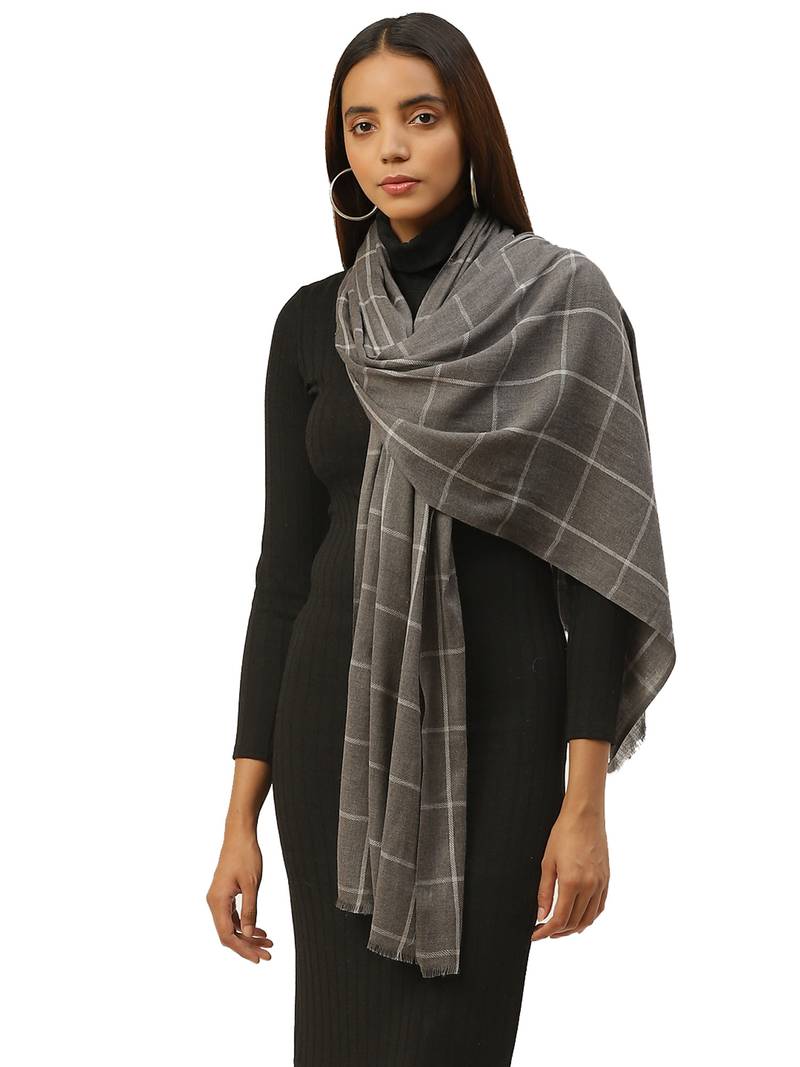 Anekaant Dark Grey & White Woven Checkered Acrowool Stole