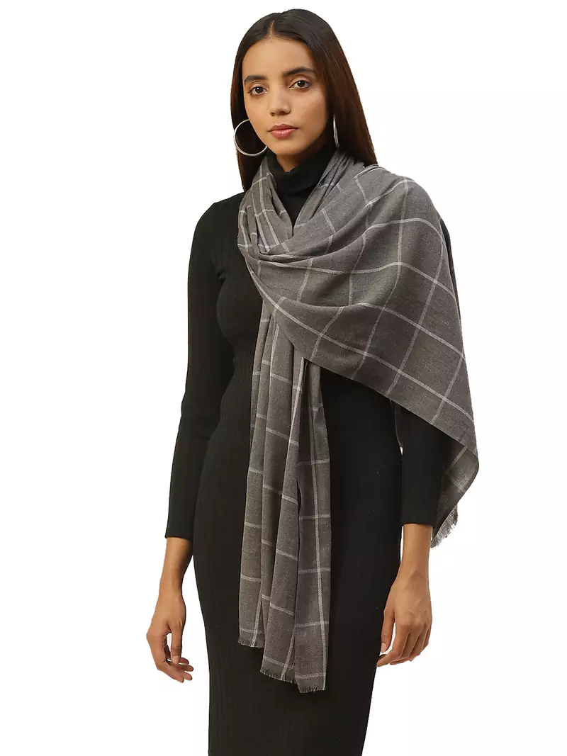 Anekaant Dark Grey & White Woven Checkered Acrowool Stole