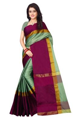 Green plain art silk saree with blouse 1
