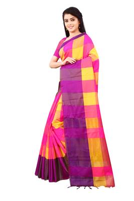 Pink plain art silk saree with blouse 3