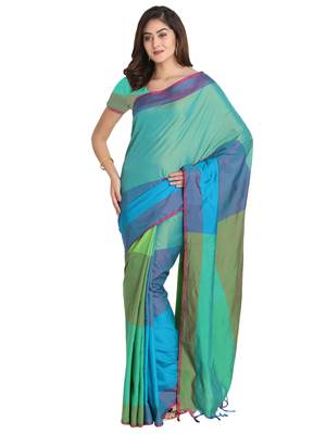 Blue plain art silk saree with blouse 1