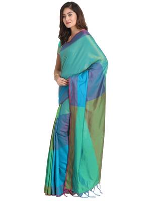 Blue plain art silk saree with blouse 3