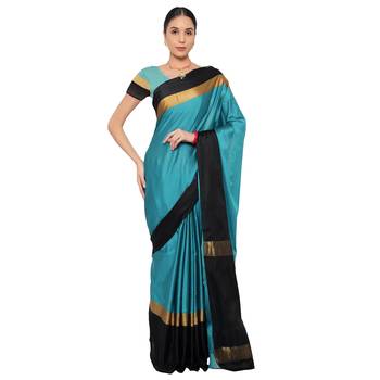 Blue plain art silk saree with blouse 1
