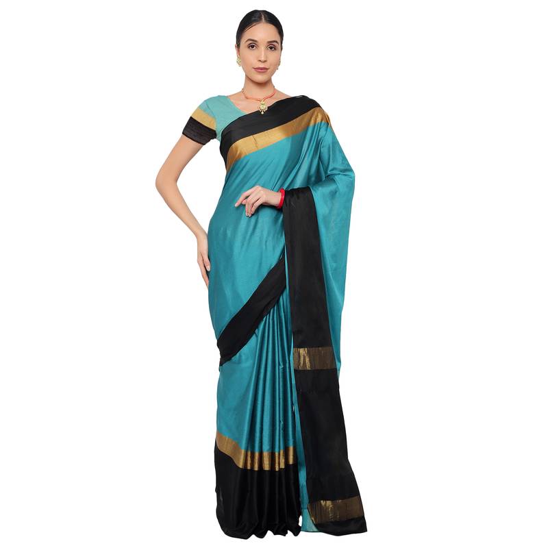 Blue plain art silk saree with blouse