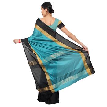 Blue plain art silk saree with blouse 2