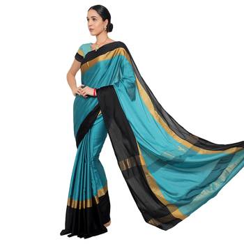 Blue plain art silk saree with blouse 3
