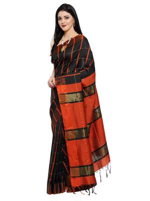 Black plain art silk saree with blouse 3