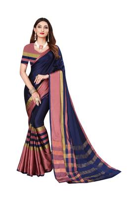 Blue plain art silk saree with blouse 1