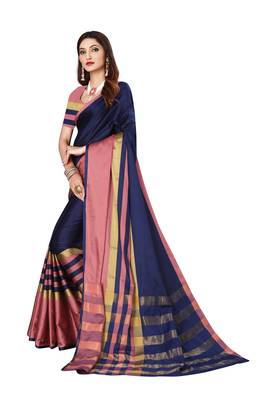 Blue plain art silk saree with blouse 3