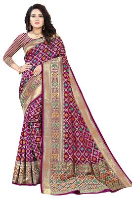 Women's Banarasi Silk Blend Saree With Unstiched Blouse Piece 1