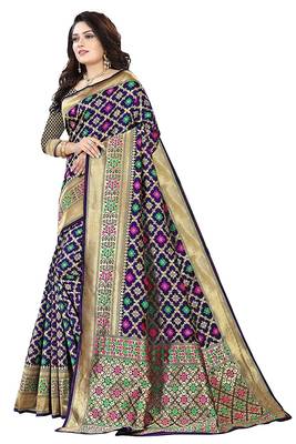 Women's Banarasi Silk Blend Saree With Unstiched Blouse Piece 3
