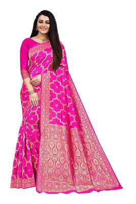 Women's Banarasi Silk Blend Saree With Unstiched Blouse Piece 1