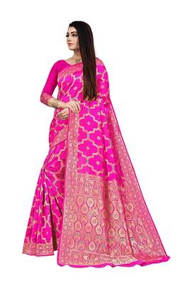 Women's Banarasi Silk Blend Saree With Unstiched Blouse Piece 3
