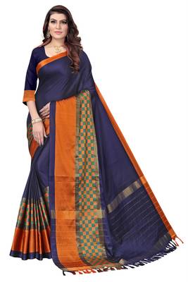 Blue plain art silk saree with blouse 1