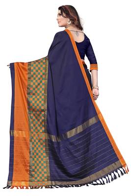 Blue plain art silk saree with blouse 2
