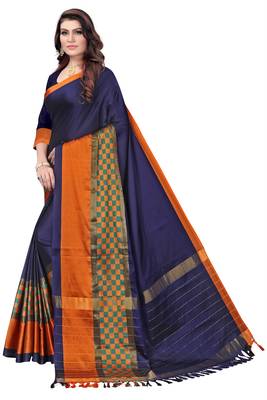 Blue plain art silk saree with blouse 3