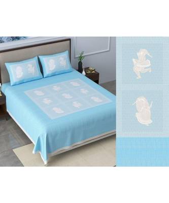 Ridan cotton  blue khadi print king size double bed sheet with pillow cover 1