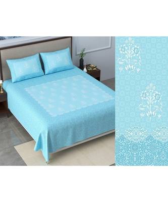 Ridan cotton  blue  khadi print king size double bed sheet with pillow cover 1