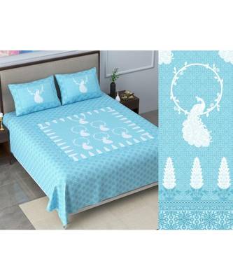 Ridan cotton  blue  khadi print king size double bed sheet with pillow cover 1