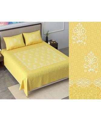 Ridan cotton yellow  khadi print king size double bed sheet with pillow cover 1