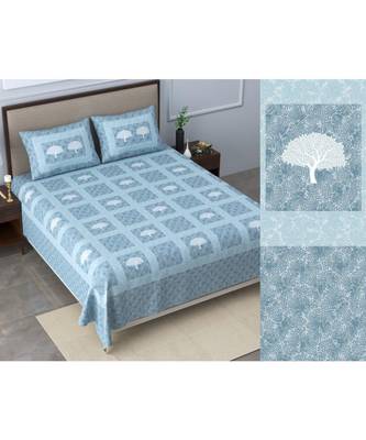 Ridan cotton blue  khadi print king size double bed sheet with pillow cover 1