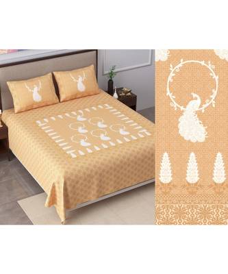 Ridan cotton orange  khadi print king size double bed sheet with pillow cover 1
