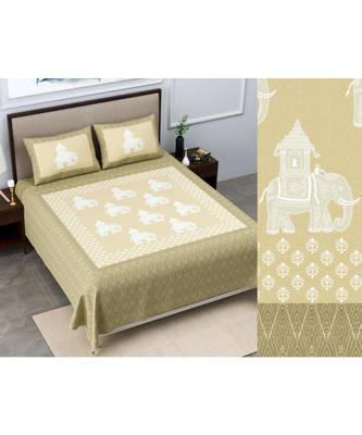 Ridan cotton green  khadi print king size double bed sheet with pillow cover 1