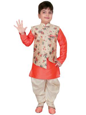Orange embroidered cotton silk boys-kurta-pyjama 1