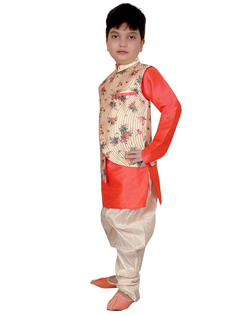 Orange embroidered cotton silk boys-kurta-pyjama