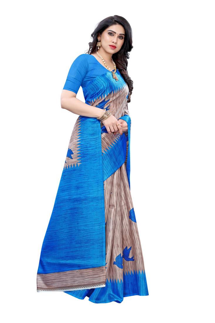 Women Blue Art Silk Printed Saree With Unstitched Blouse main image 1