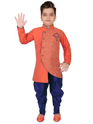 Red embroidered cotton silk boys-kurta-pyjama 1
