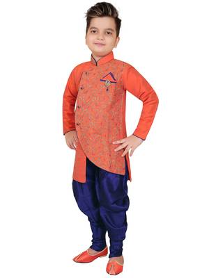 Red embroidered cotton silk boys-kurta-pyjama 3