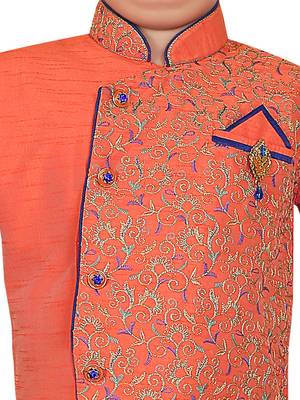 Red embroidered cotton silk boys-kurta-pyjama 4