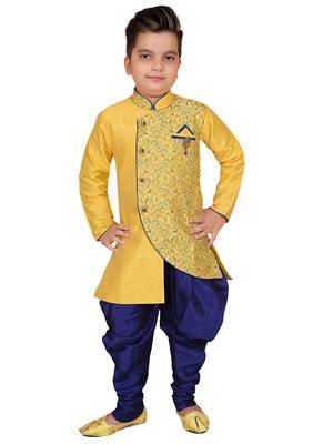 Yellow embroidered cotton silk boys-kurta-pyjama 1