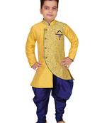 Yellow embroidered cotton silk boys-kurta-pyjama