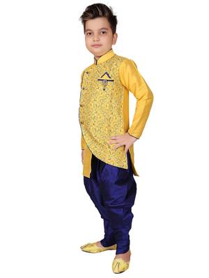 Yellow embroidered cotton silk boys-kurta-pyjama 3