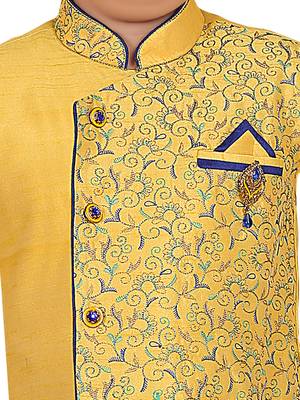 Yellow embroidered cotton silk boys-kurta-pyjama 4