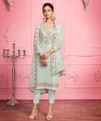 Blue Floral Embroidered Pakistani Pant Suit 1