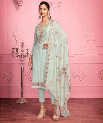 Blue Floral Embroidered Pakistani Pant Suit 3